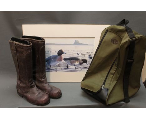 A pair of Musto leather Goretex boots size 10, together with a boot bag and a Chris Rose print of "Widgeon at Lindisfarne".