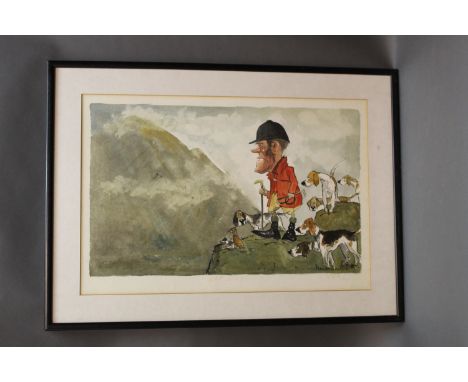 John William Wilkinson (Wilk 1906-1994), watercolour cartoon of Johnnie Richardson and The Blencathra Foxhounds "Wat Way?"  .