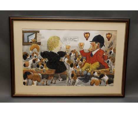 Wilk (John William Wilkinson 1906-1994), watercolour cartoon of Johnnie Richardson and the Blencathra Foxhounds with Margaret