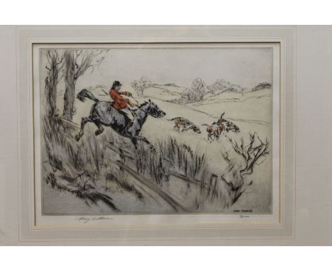 Henry Wilkinson, signed Limited Edition print, huntsmen and hounds leaping a fence, 73/100.  25 cm x 35 cm, framed and mounte
