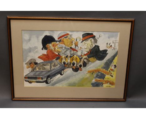 John William Wilkinson (Wilk) 1906-1994, a watercolour cartoon with Johnnie Richardson and the Blencathra Foxhounds in a trai