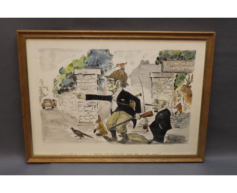 Wilk (John William Wilkinson 1906-1994), watercolour cartoon depicting Mr John Cowell and Alec Beck outside the Eden Hall Hot
