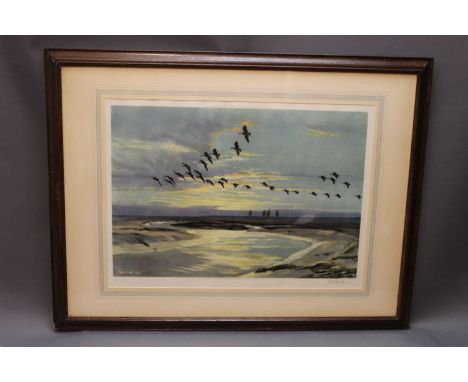 Sir Peter Markham Scott, a signed print "Geese Over the Marsh", produced by Arthur Ackerman and with blind stamp to left hand