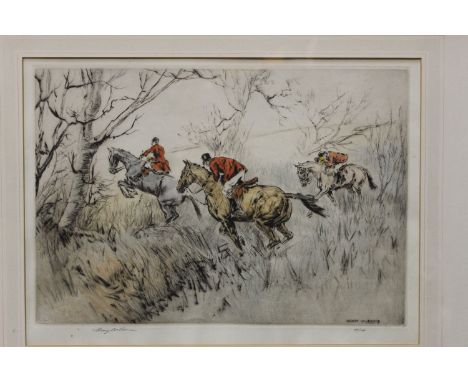 Henry Wilkinson, signed Limited Edition print, fox hunters riding through cover, 38/100.  27 cm x 39 cm, framed, mounted.   