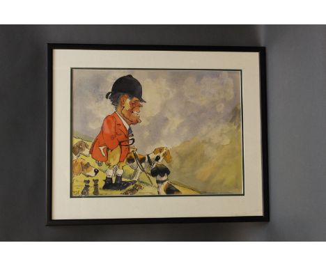 John William Wilkinson (Wilk 1906-1994), watercolour cartoon of Johnnie Richardson of The Blencathra Foxhounds.  29 cm x 39 c