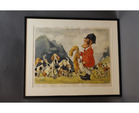 John William Wilkinson (Wilk 1906-1994), watercolour cartoon, "Johnnie Blencathra Foxhounds". 37 cm x 49  cm, signed and date