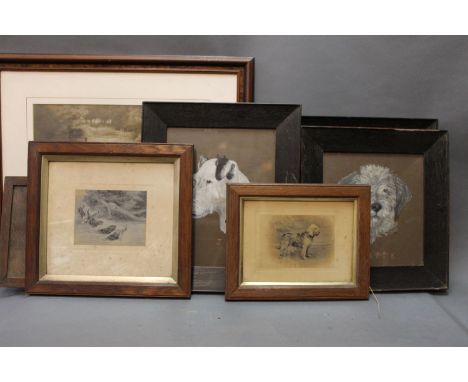 Seven photographs, watercolours, etc., to include a signed print by Maude Earle of otterhounds, 10 cm x 13 cm.