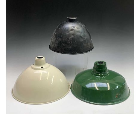 A green and white enamel lamp shade, diameter 30.5cm together with two others (3).
