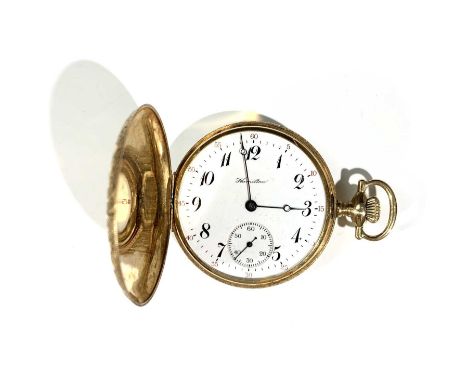 A 14ct gold cased Hamilton full Hunter keyless pocket watch with engine turned and chased decoration, the 975 17 Jewell movem