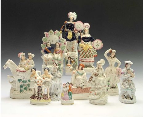 A pair of Staffordshire portrait figures of a Highland couple, height 24cm, a pair of portrait figures of musicians, together
