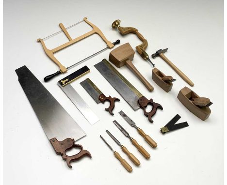 A collection of fifteen craftsman made miniature woodworking tools, early 20th century, comprising of a brass mounted brace, 