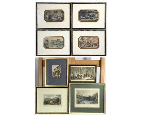 A set of four 19th century hand coloured prints on a coaching/equestrian theme, together with a Baxter print and three other 