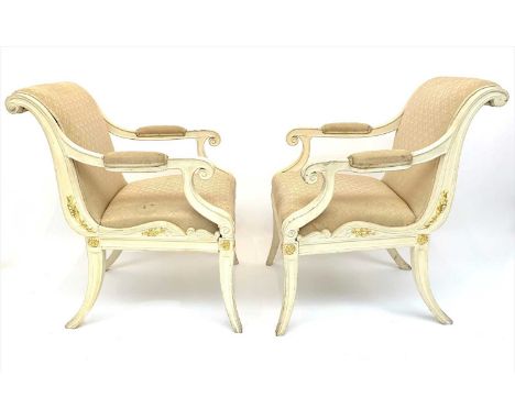 Georges Geffroy. A pair of cream painted directoire chairs from the 59-metre super yacht  Gaviota IV owned by the Chilean mil