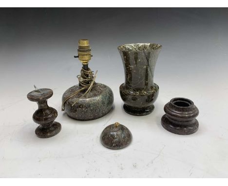 A collection of Cornish serpentine comprising a table lamp base, height 19cm overall, a serpentine vase, height 16cm, a minia