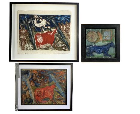 Murine Kate DINEEN The Red BullTwo works38 x 54cm and 39 x 49cmTogether with a painted ceramic plaque by the same artist