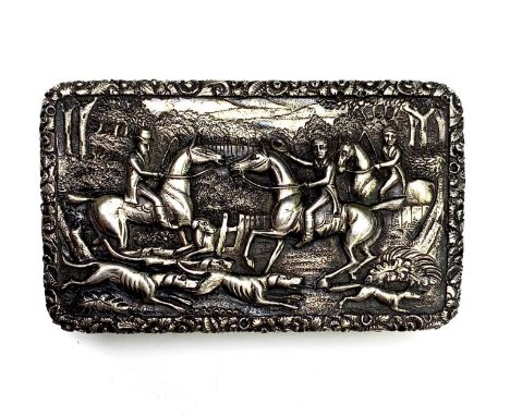A fine George IV silver-gilt table snuff box by Ledsam, Vale &amp; Wheeler the lid with a hunting scene the borders cast and 