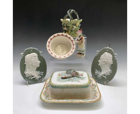 A Victorian pottery sardine dish and cover with integral base, width 22cm, together with a pair of continental jasperware sty