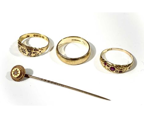 A 9ct gold band 4.4gm, two victorian stone set rings, one 18ct, and a gold stick pin