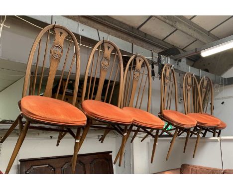 A set of six Ercol medium elm swan back dining chairs with loose cushions (6).