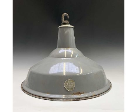 A 1950s grey enamel industrial light shade, bearing original 'Benjamin R.L.M. Reflector Crysteel 'label, diameter 43cm, toget