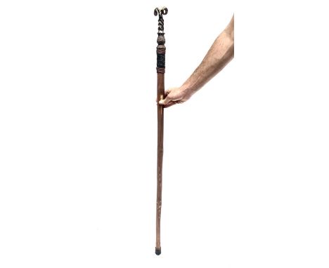 An unusual walking stick, the iron finial fashioned as a ram's mask with twist stem and leaf cast baluster base on a bamboo s