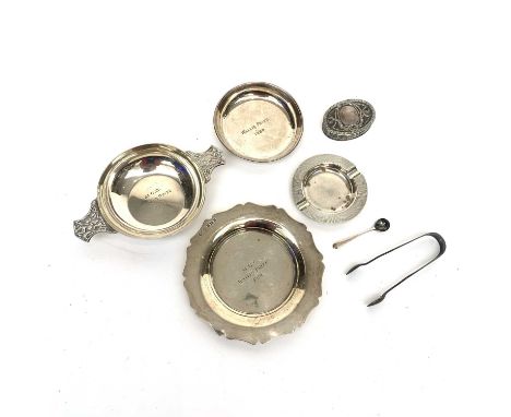 Four silver dishes, sugar tongs, a condiment spoon and a continental silver patch box 8oz