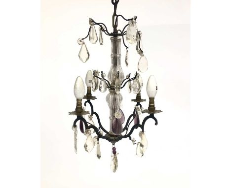 A Venetian style four branch electrolier, with facet cut drops, the lower tier with amethyst pear shape drops, height 44cm.