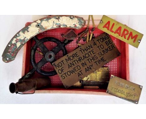 Maritime Interest - a group of ship's brass signs, to include 'Alarm', with red enamel, 9cm x 16cm, 'Foredeck Floodlight', 'N