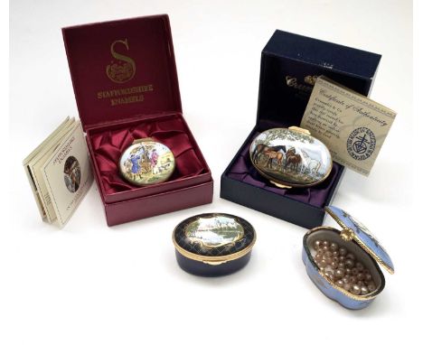 An enamel box by Crummles, two other enamel boxes and a porcelain box.