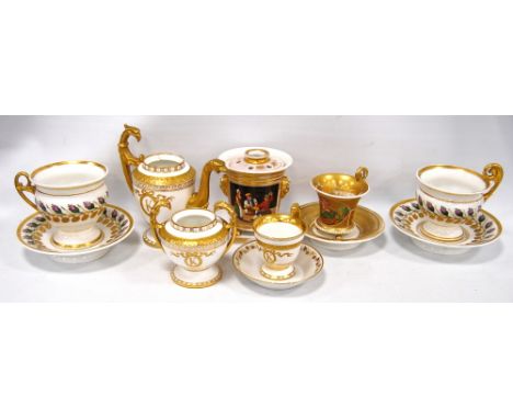 19th century French gilt porcelain inkwell, with tavern scene reserve 13.5cm, a trumpet shaped teacup and saucer, 11cm, and e