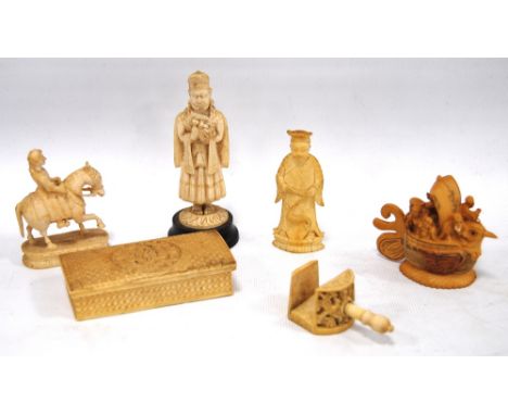 Cantonese ivory sewing clamp, three chess pieces, a rectangular needle box and a Japanese netsuke.  (6) Condition Report The 