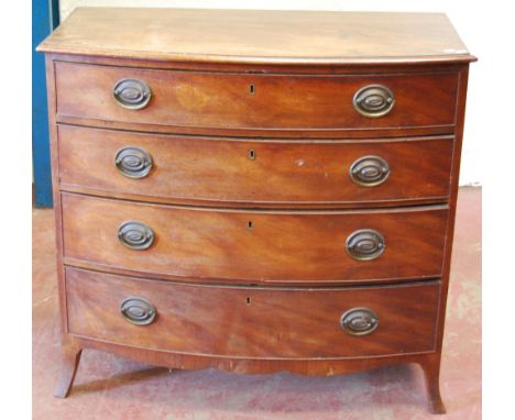 Regency bowfront mahogany chest with four drawers, on splayed bracket feet, 92cm high and 100cm wide.