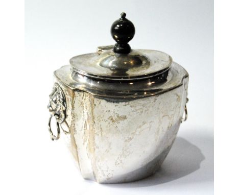 Silver tea caddy, ovoid with fluted corners, lion mask and drop handles, by Brook & Sons, Edinburgh 1900, 6oz. Condition Repo