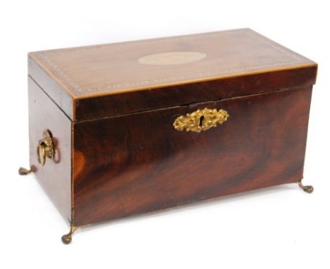 George III marquetry mahogany tea caddy, 30.5cm long.