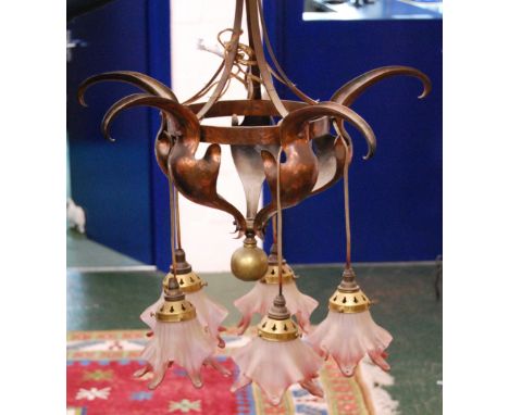 Art Nouveau copper chandelier with five branches, frosted glass shades and globe terminal, 55cm high.