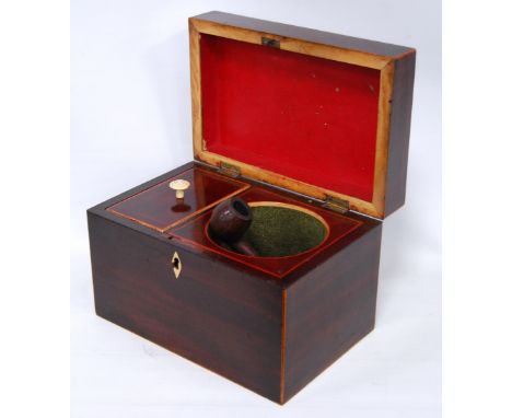 George III line inlaid mahogany tea caddy, 23cm long.