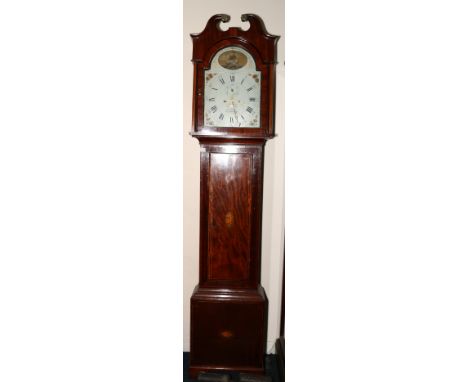 Eight day longcase clock with painted dial inscribed Smith, Pittenweem, with rocking ship in the arch, in mahogany case with 