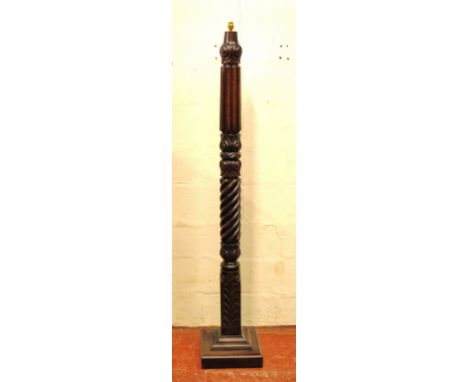 Victorian mahogany rope-twist and acanthus carved column standard lamp with square base, 175cm high.