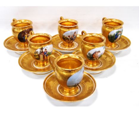 French Empire gilt porcelain twelve-piece part tea service, the reserves with classical subjects and etched gilt borders, unm