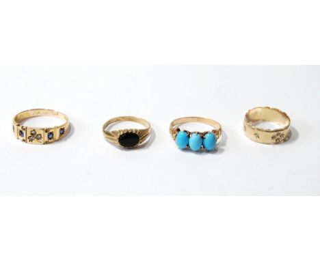 15ct gold ring, sapphire and diamonds, another, turquoise, and two 9ct rings.  (4) Condition Report 7.5g15ct sapphire and dia