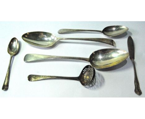Silver engraved sifter ladle, 1879, two table spoons, 1788 and 1813, a dessert spoon, 1803, a teaspoon with scroll heel, c. 1