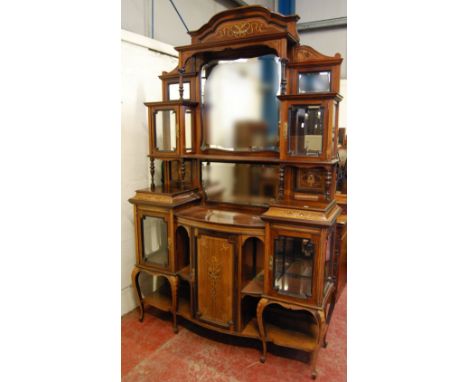 Late Victorian mother of pearl marquetry inlaid rosewood display cabinet, the top with mirrors and shelves above an arrangeme
