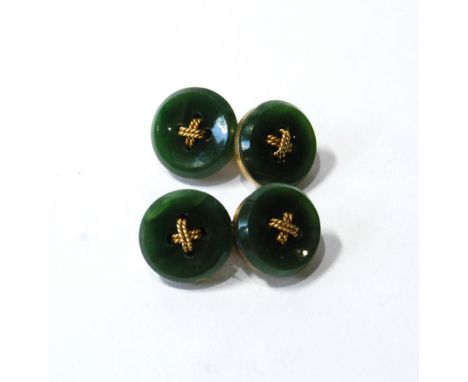 Pair of cufflinks with 'sewn' nephrite buttons, probably 9ct gold. Condition Report The button diameter is 14mm.  Circa 1900.