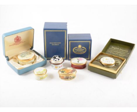 A small collection of Halcyon Days enamelled boxes, other boxes by Crummles and Moorcroft.