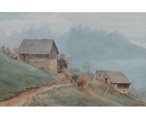 R. H. Sams, Chalets by the lake, initialled and dated 1926, watercolour, 18cm x 26cm.