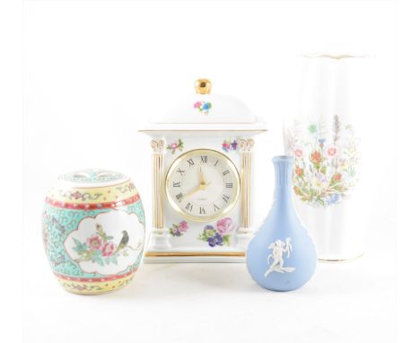 Two trays of modern decorative ceramics, a Herend toast rack, Wedgwood and Aynsley vases and trinket pots, quartz clock Wedgw