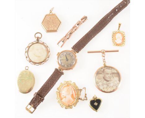A collection of vintage jewellery and a lady's wrist watch, a 9ct front and back 25mm hexagonal locket, a rolled gold oval lo