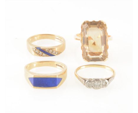 Four gemset dress rings, a rectangular mixed cut smoky quartz 20mm x 12mm four claw set in an all yellow metal mount ring siz