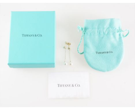 Tiffany - a pair of 6.8mm cultured pearl drop earrings, the pearls suspended from a fine silver trace link chain 30mm long an