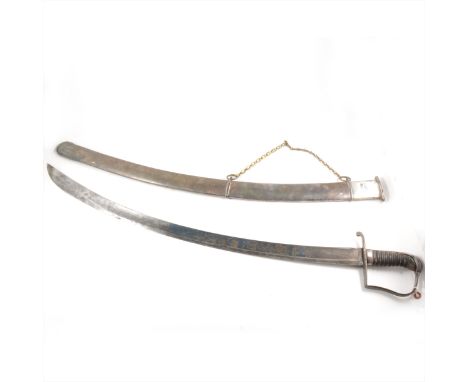 Waterloo period sabre, silver plated hilt and scabbard. Engraved blade 81cm, showing traces of blue and gilt.